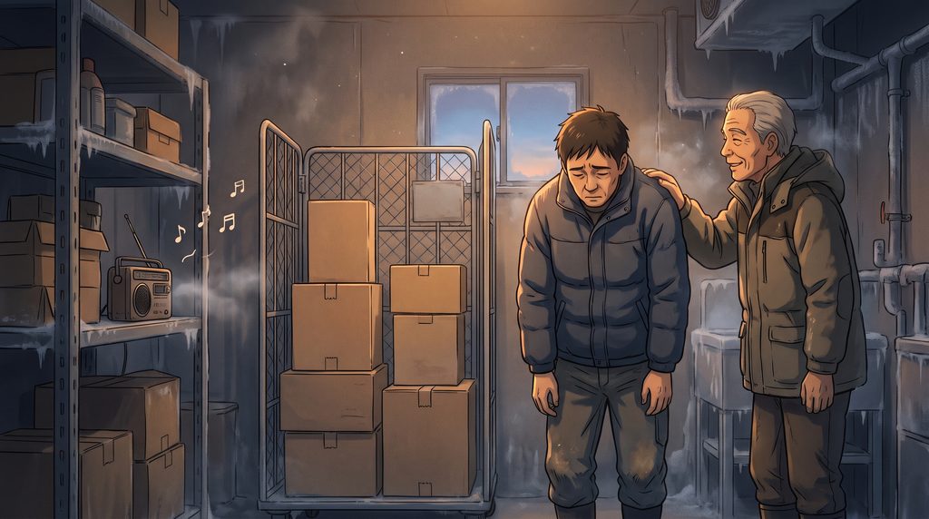 夜明け前の冷凍庫の中で、うつむいて落ち込む倉庫係の男性の肩に、年配のドライバーがそっと手を置いて声をかけている様子。