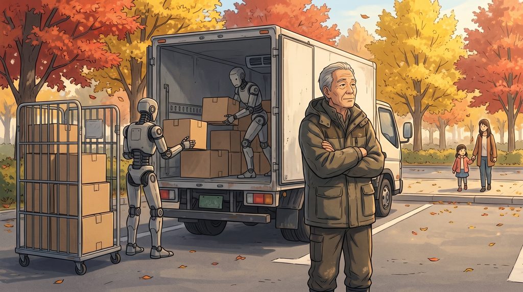 紅葉の駐車場で、ロボットがトラックに荷物を積み込む横で、年配のドライバーが腕を組んで静かに考え込んでいる様子。遠くに、母親と手をつないで歩く幼い女の子が見える。