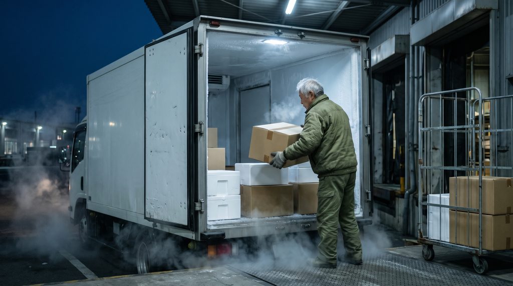 冷蔵倉庫の積み込み場で、白髪の男性がトラックの荷台に冷凍食品の箱を積んでいる様子
