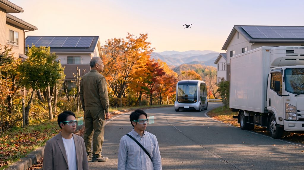 秋の街で、メガネ型の端末をかけた2人の男性と、何もつけずに遠くの山を眺める高齢の運転手がいる様子