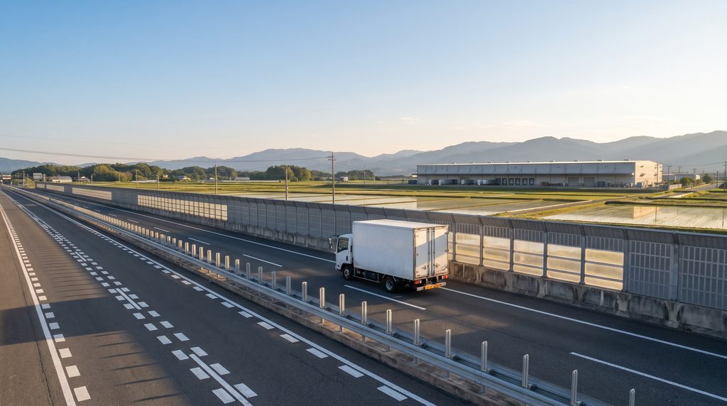 夕方に近い午後の光の中、山並みと田んぼの広がる内陸の高速道路を走る白い冷凍トラック。