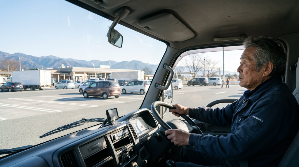 午後のサービスエリアの駐車場で、トラックの運転席に座る年配の男性が、窓の外を静かに眺め思索にふけっている様子。