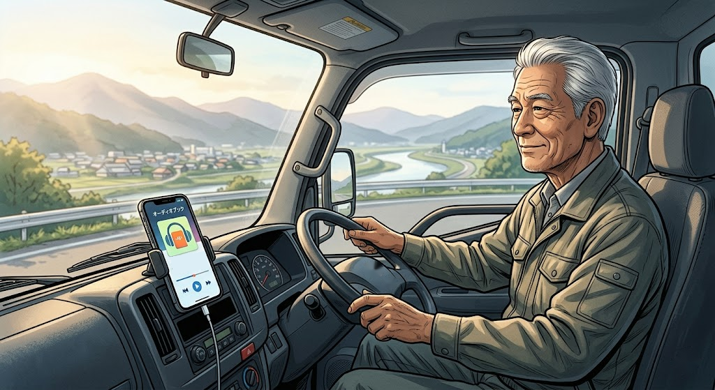 山と川の景色の中、運転手が運転席でスマホの音声を聞きながらトラックを運転している様子
