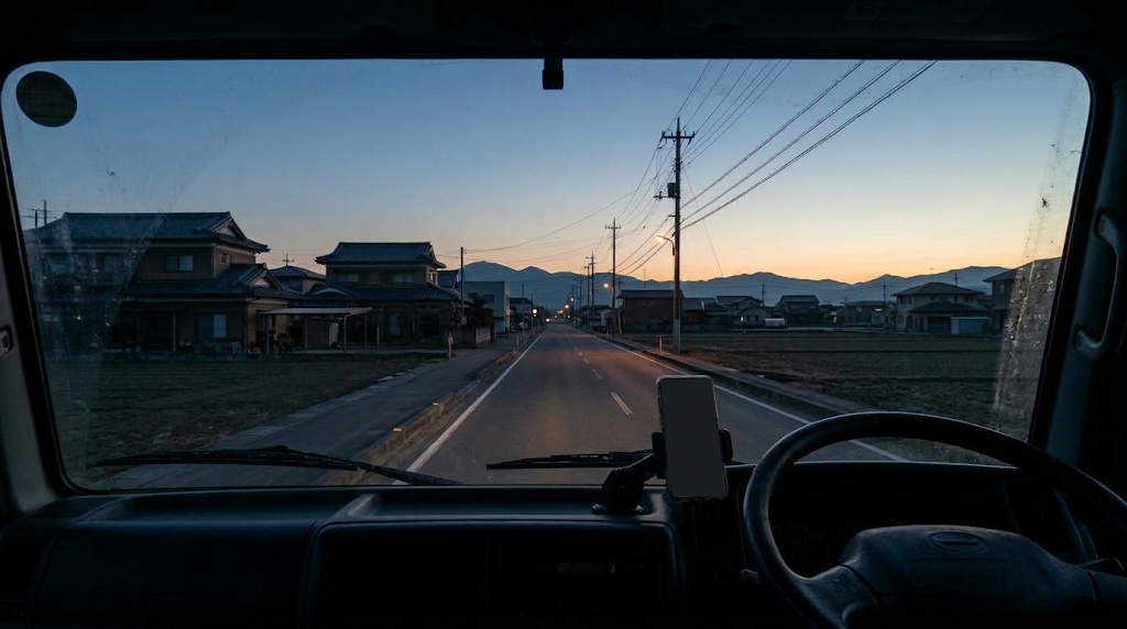 夜明け前の運転席から、フロントガラスごしに、静かな町の道路と、その向こうの山並みを眺めている様子