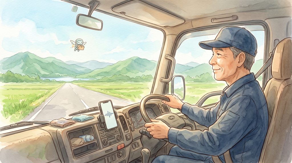 緑の山と田んぼの道を、笑顔で走る年配のドライバーと、荷物を運ぶ小さなロボット。