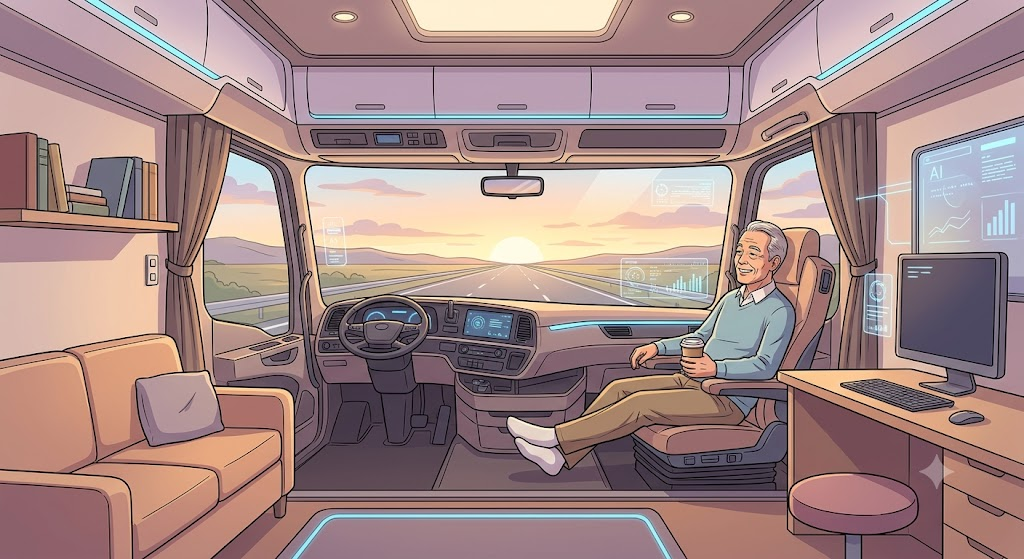 自動運転のトラックの運転席が、ソファや本棚のあるくつろぎの空間になり、年配の男性がコーヒーを手にくつろぐ様子。