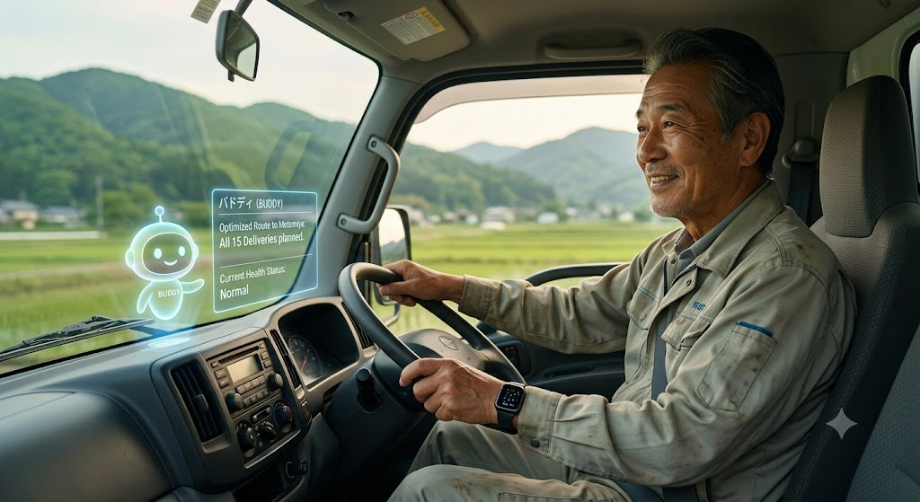 福島の田園風景の中、笑顔でトラックを運転する年配のドライバーと、ルートを案内する小さなAIの相棒