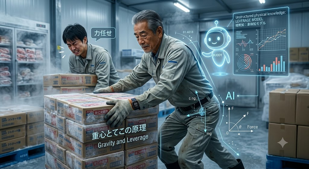冷凍倉庫で重い段ボールを動かす、若い人と年配のドライバー。年配のドライバーは、重心とてこの原理で軽々と荷物を動かし、横に小さなAIの相棒がいる