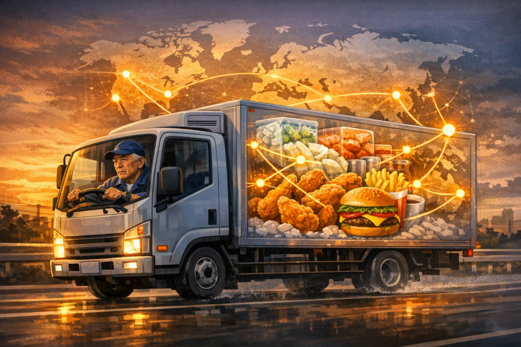 冷凍食品やハンバーガー、チキンなどの荷物を積み、雨上がりの道を走る保冷トラックと年配のドライバー。