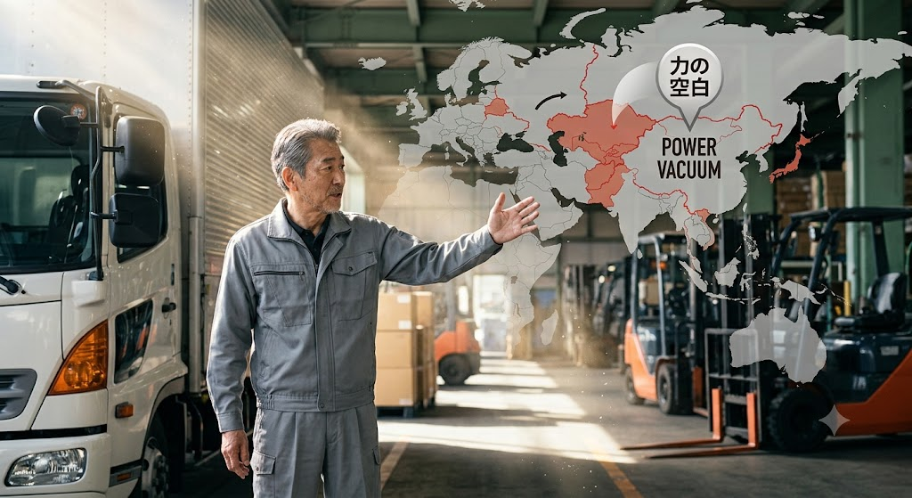 倉庫の前で、年配のドライバーが世界地図を指さして説明している様子。