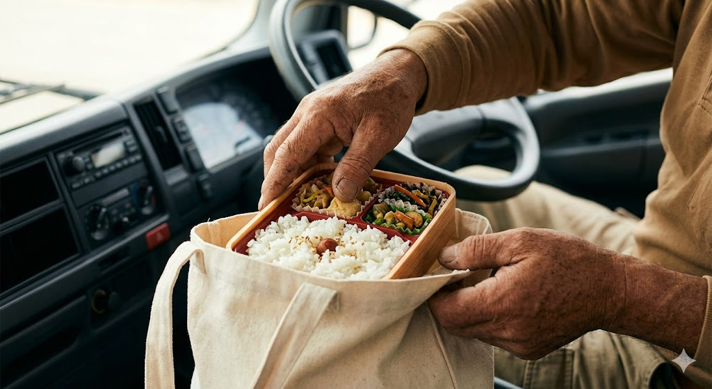 運転席で、年配の男性が手作りのお弁当箱を布のバッグに入れようとしている様子。