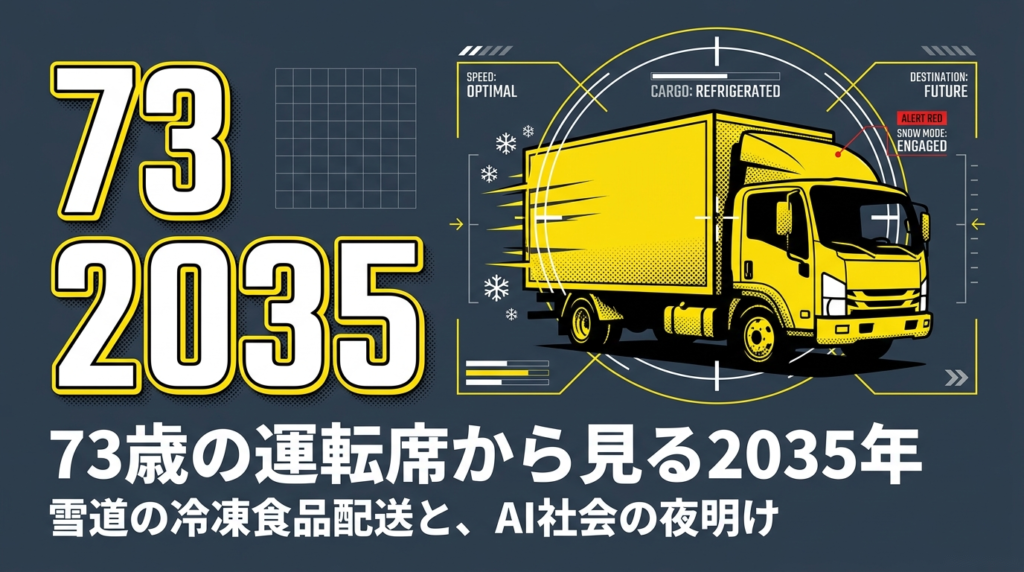 黄色いトラックと、「73歳の運転席から見る2035年 雪道の冷凍食品配送と、AI社会の夜明け」の文字が入った図