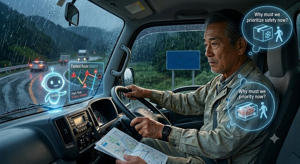雨の山道で、真剣な表情で運転する年配のドライバーと、安全を問いかける画面を示す小さなAIの相棒