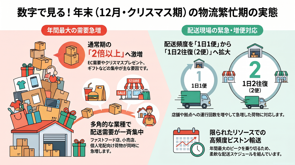 年末に荷物が通常の2倍以上に増え、ファストフード店への配送が1日1便から1日2往復になることを、荷物の山とトラックで表した図