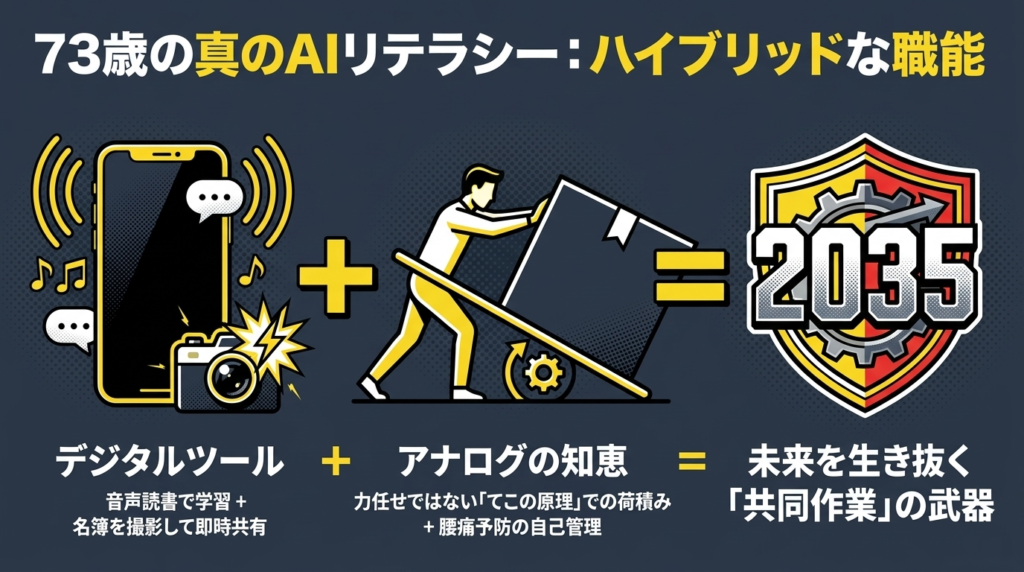 「73歳の真のAIリテラシー」の題で、デジタルツールとアナログの知恵を足して、未来を生き抜く武器になることを表した図