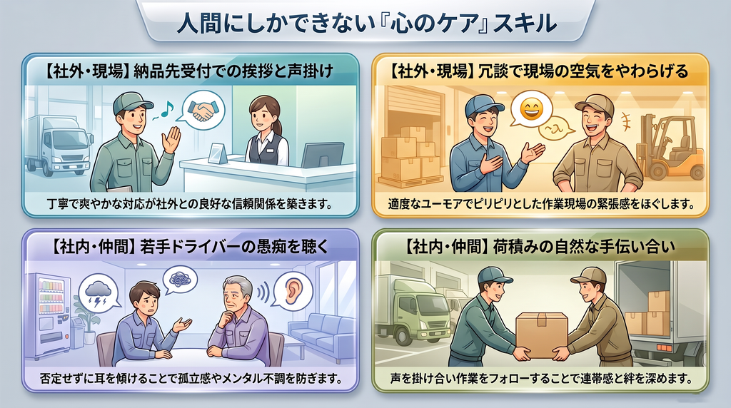 「人間にしかできない心のケアスキル」の題で、挨拶、ユーモア、愚痴聞き、荷積みの手伝いの4つを並べた図