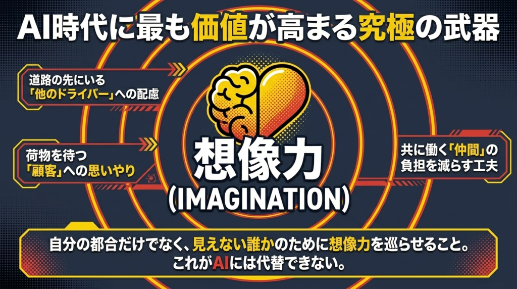 「想像力」を中心に、他のドライバー、荷物を待つ人、仲間への配慮を表した図