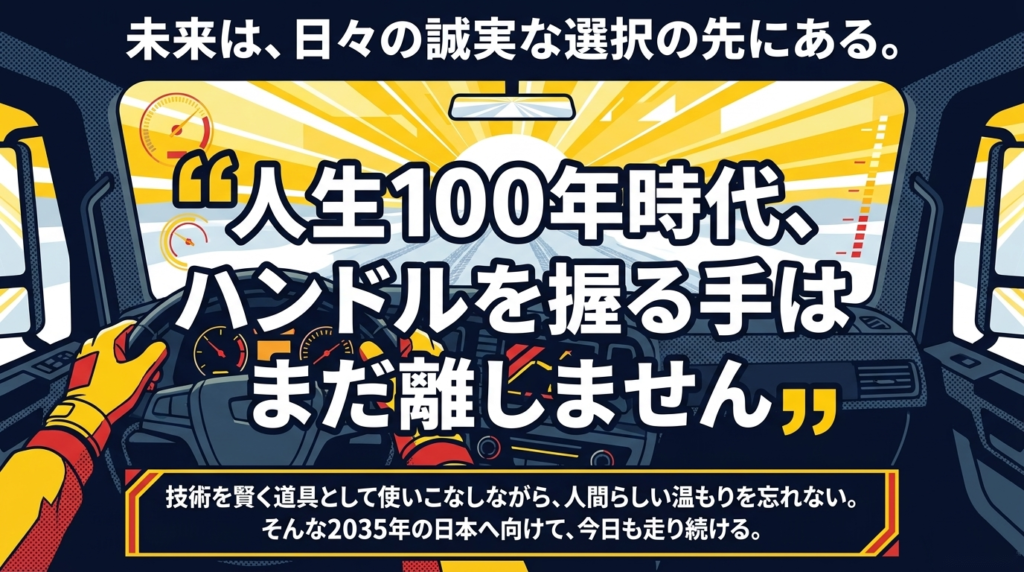 トラックの運転席から見た道と、「人生100年時代、ハンドルを握る手はまだ離しません」の文字が入った図