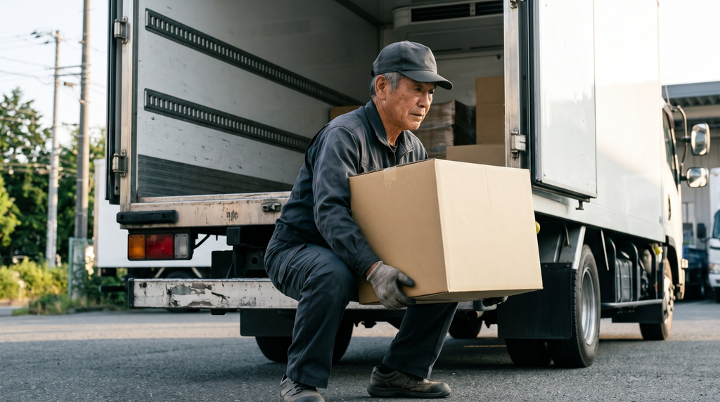 冷凍トラックの荷台の前で、70代の男性ドライバーが腰を落として重い段ボール箱を持ち上げている様子。