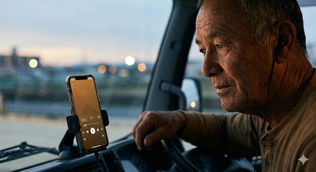 夕暮れの運転席で、イヤホンをつけた年配の男性が、ダッシュボードのスマートフォンで本の読み上げを聞いている様子。