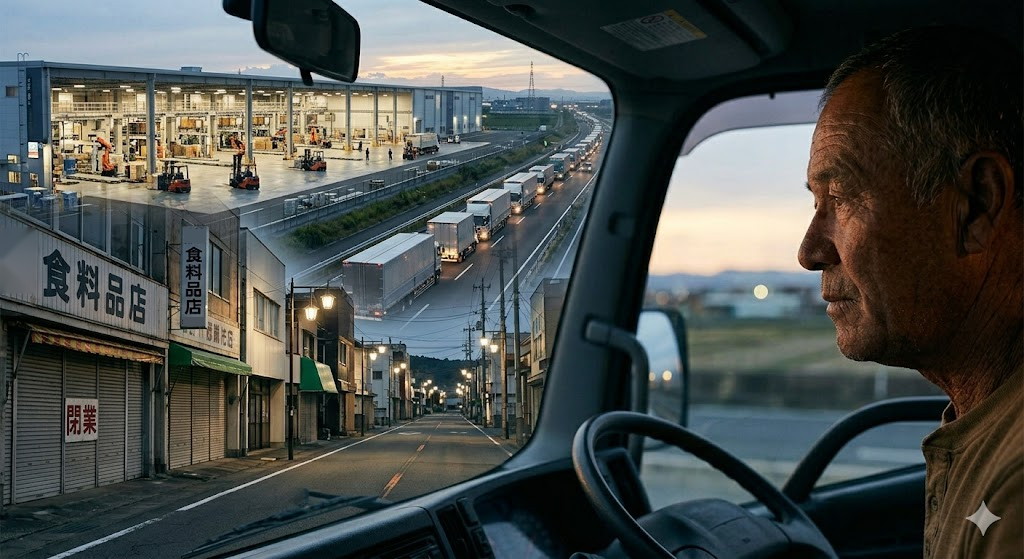 トラックの運転席の年配の男性が、シャッターの閉まった商店街と、遠くの物流センターを窓から見ている様子。