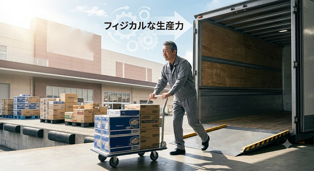 荷物を載せた台車を押して、トラックへ荷物を運び入れる年配のドライバー。