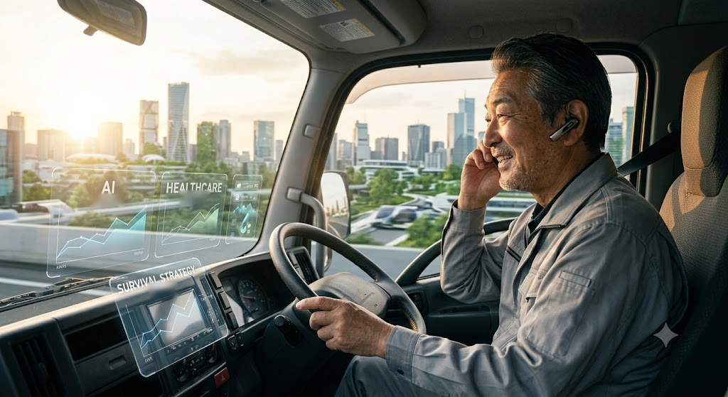 トラックの運転席で、笑顔でイヤホン通話をしながら運転する年配のドライバー。