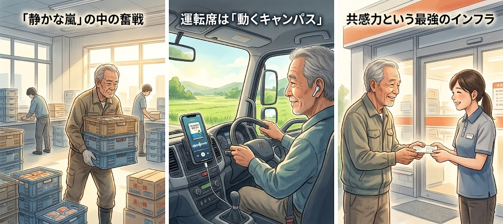 荷物を運ぶ倉庫の年配の男性(左)、運転席でスマートフォンの読み上げを聞く年配のドライバー(中)、納品先の受付で女性と書類を渡し合う年配のドライバー(右)の3つの場面。