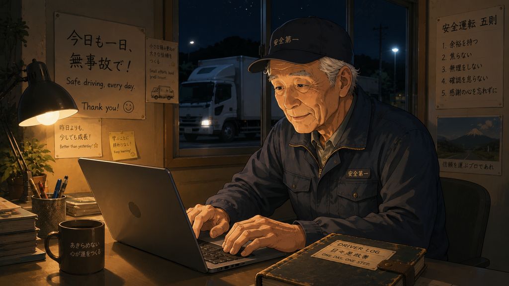 夜の部屋で、窓の外にトラックが見える机に向かい、ノートパソコンを打つ高齢の男性ドライバー