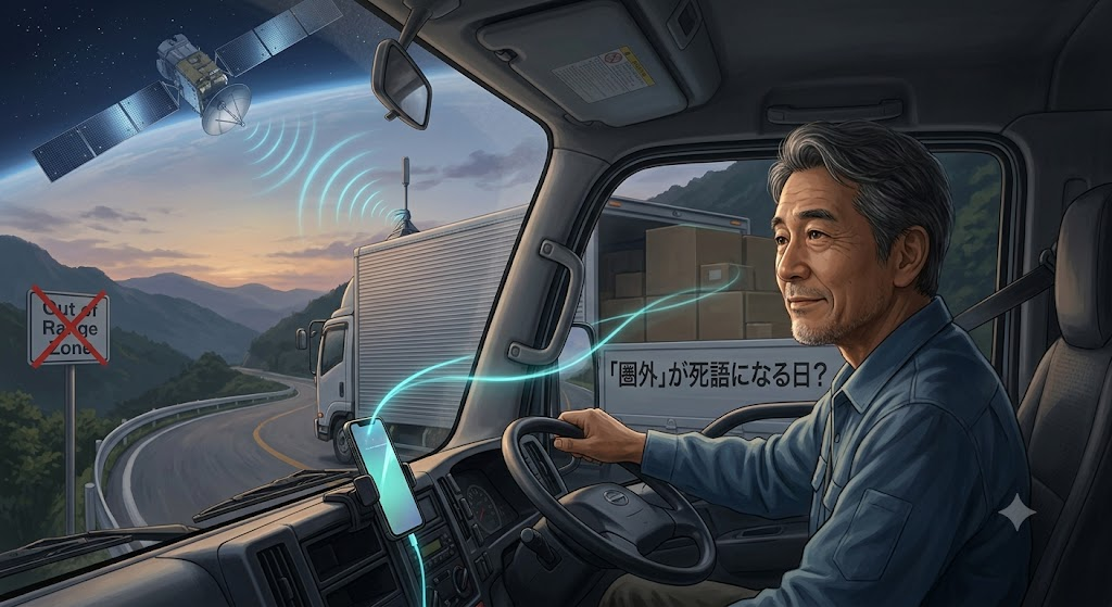 運転席の年配の男性が前を見ている。窓の外には夕暮れの山道とトラックがあり、空の衛星から電波が届いている。