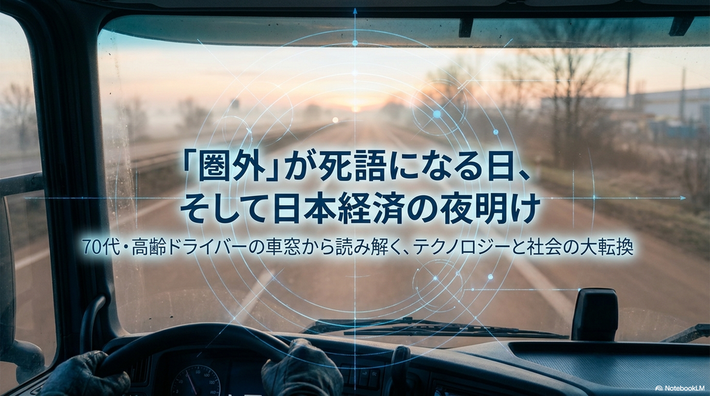 トラックの運転席から見た、早朝の道路。フロントガラスに「「圏外」が死語になる日、そして日本経済の夜明け」の文字が重なっている。