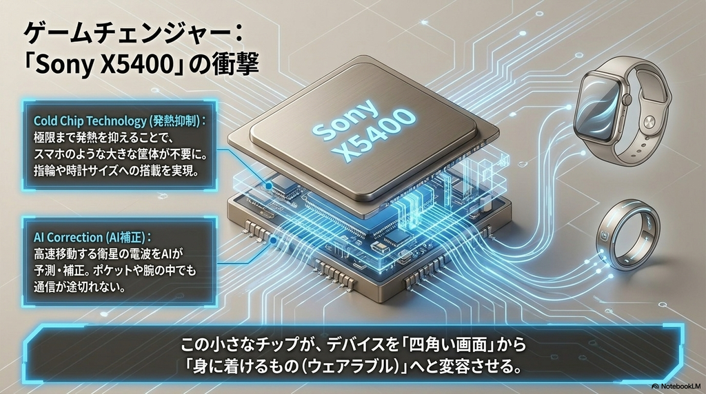 ソニーの通信チップ「X5400」の説明図。チップから、腕時計と指輪へ向かう線が伸びている。