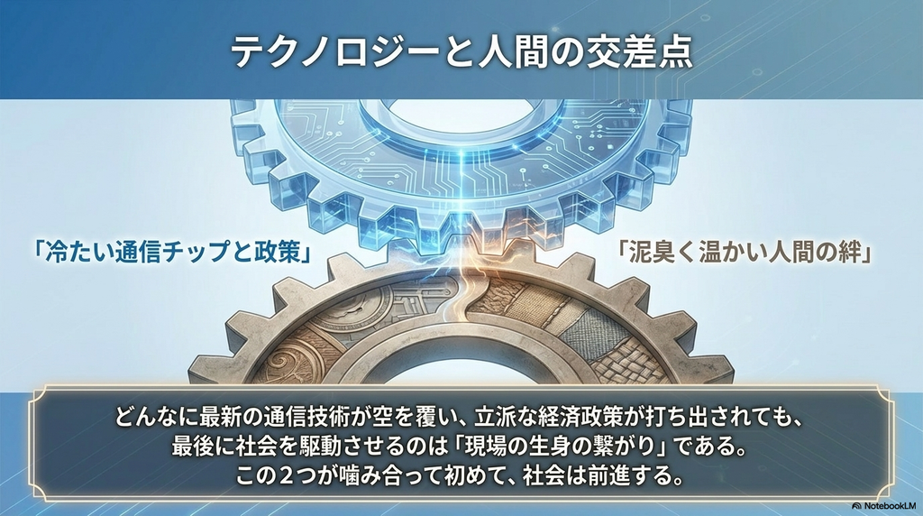 二つの歯車の図。上の青い歯車は「冷たい通信チップと政策」、下の茶色い歯車は「泥臭く温かい人間の絆」を表し、噛み合っている。