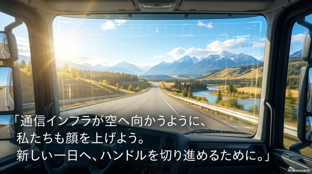 トラックのフロントガラスの向こうに、朝日が差す山と、川沿いの道が広がっている。
