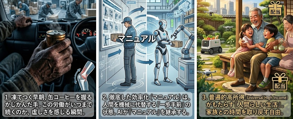 3つの場面を並べた絵。かじかんだ手で缶コーヒーを握る早朝の運転席、マニュアルに従う作業員と荷物を運ぶロボット、縁側で家族と笑い合う高齢の男性