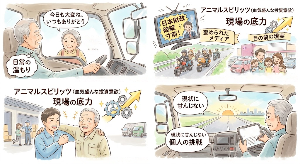 ドライバーとパートさんの交流、メディアと現実の対比、倉庫係との絆、現状に甘んじない個人の挑戦を描いた、4つのコマのイラスト