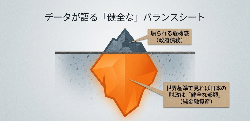 氷山の絵で、水面上の「煽られる危機感(政府債務)」と、水面下の「世界基準で見れば日本の財政は健全な部類(純金融資産)」を対比した図