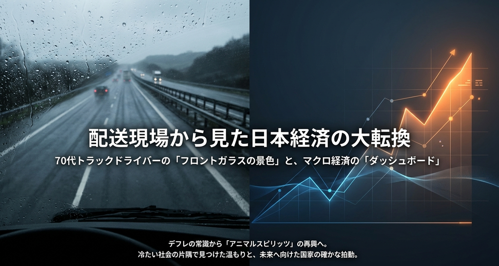 雨の高速道路を走るトラックのフロントガラス越しの景色と、右肩上がりに伸びる折れ線グラフを並べた図