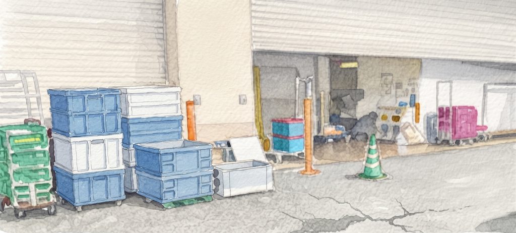 人のいない、店の前の荷さばき場の水彩画