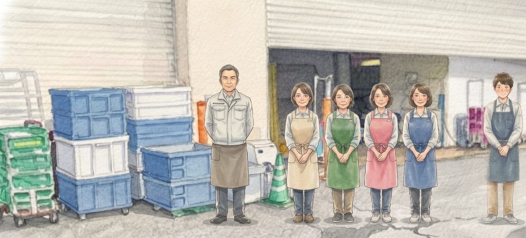 店の前に横一列に並んだ、六人の水彩画